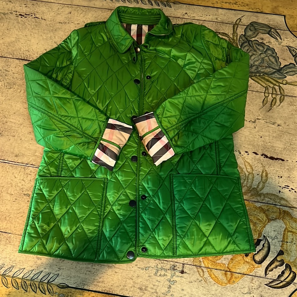 BURBERRY girls Size 14 GREEN NOVA CHECK LINED QUILTED JACKET Excellent condition